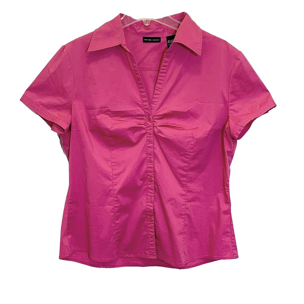 New York & Company Blouse Womens Size XL Pink Short Sleeve Button-Up Gathered